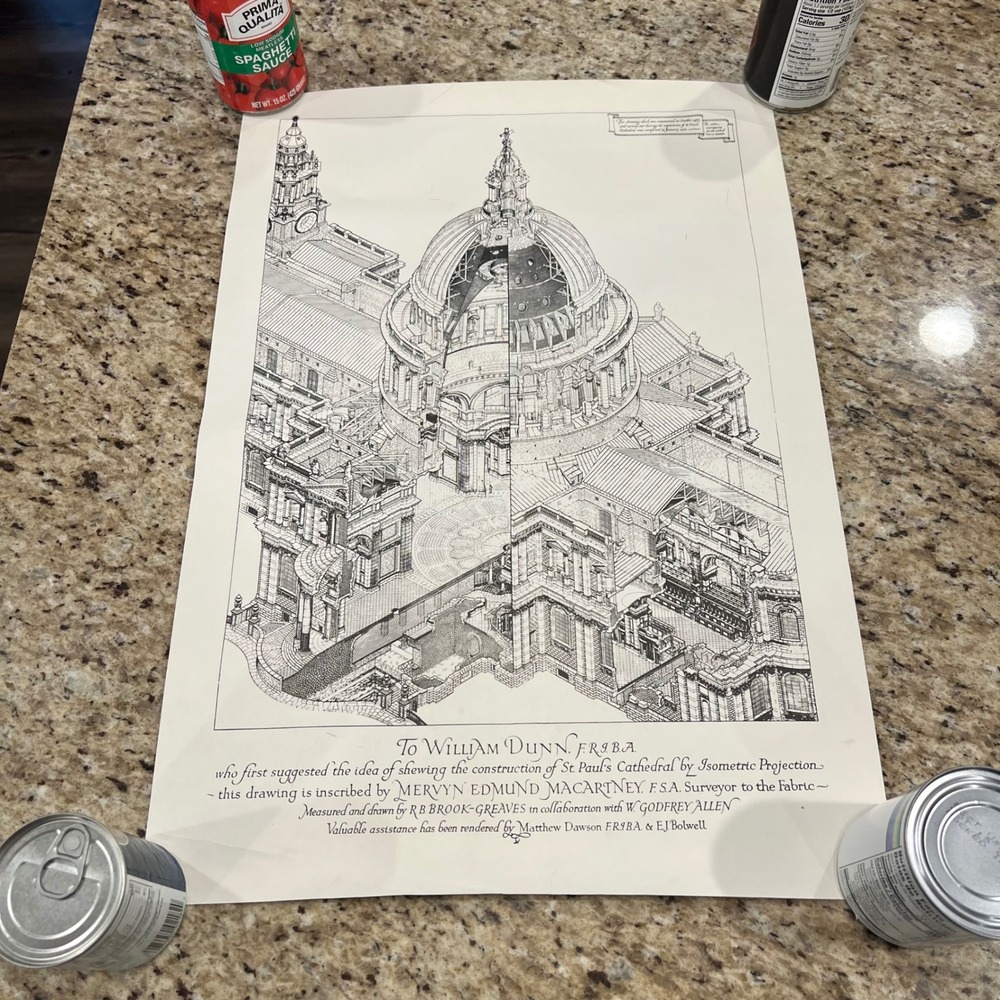 Vintage St PaulsCathedral Isometric Projection Architectural Print Brook-Greaves